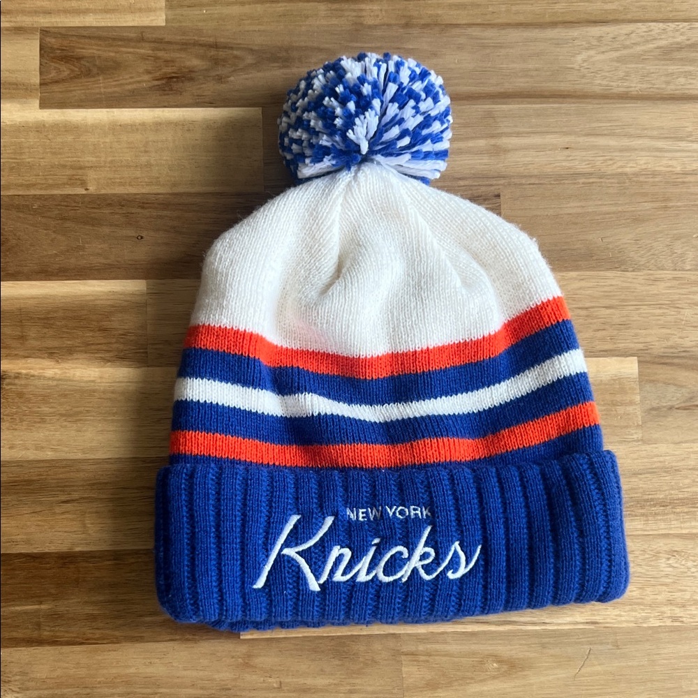 Mitchell & Ness New York Knicks Kids Knit Pom Beanie - Blue/White/Orange